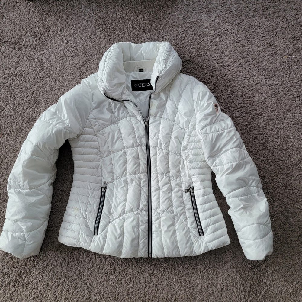 Guess White Puffer Jacket Womens Full Zip Quilted Insulated Sz Medium (slim)